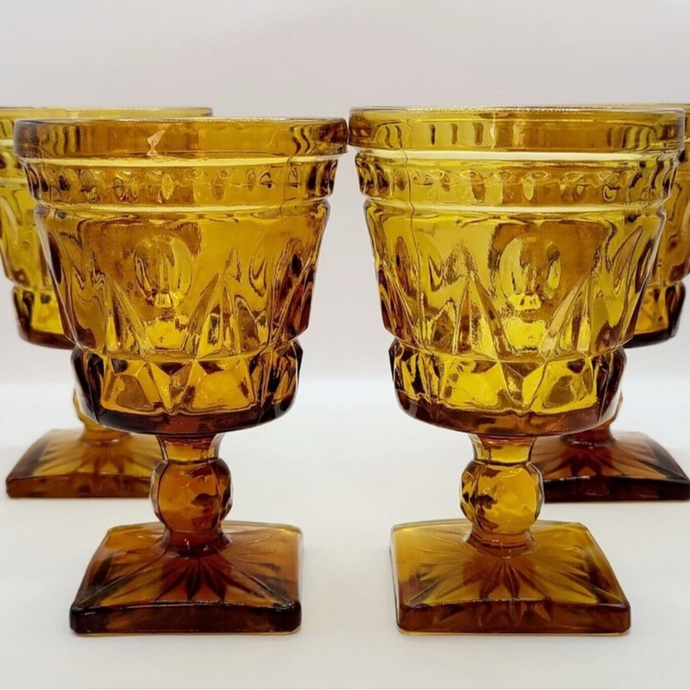 Indiana Glass Colony Park Lane Amber 8 oz Tea Wine Water Footed Goblets Set Of 4
